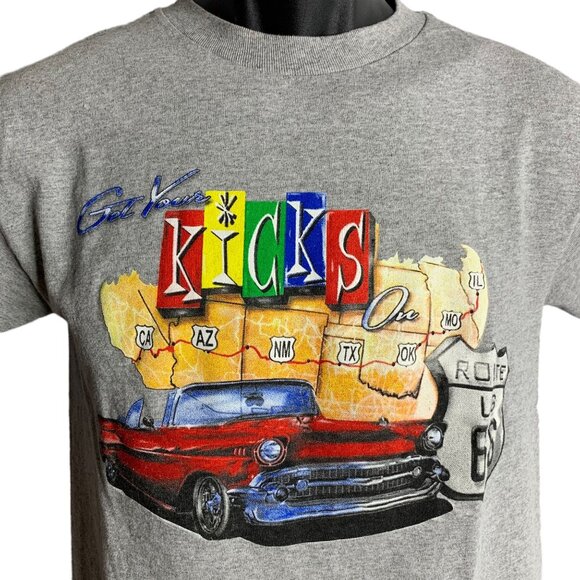 Get Your Kicks Route 66 Crewneck T Shirt S Grey Graphic Short Sleeve Muscle Car - Picture 2 of 6